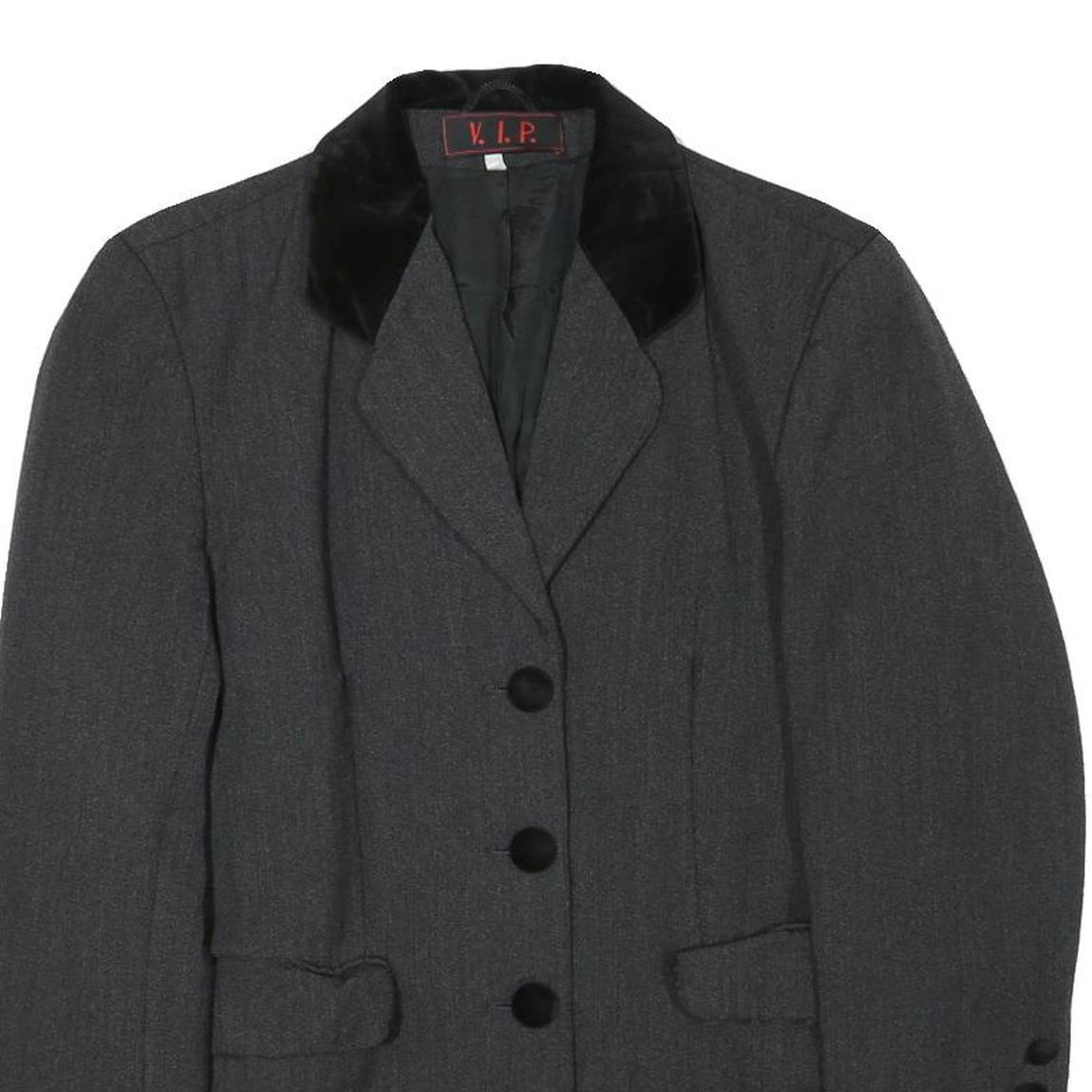 VIP Womens Grey & Black Button Jacket S Acetate Plain Classic Tailored Elegant