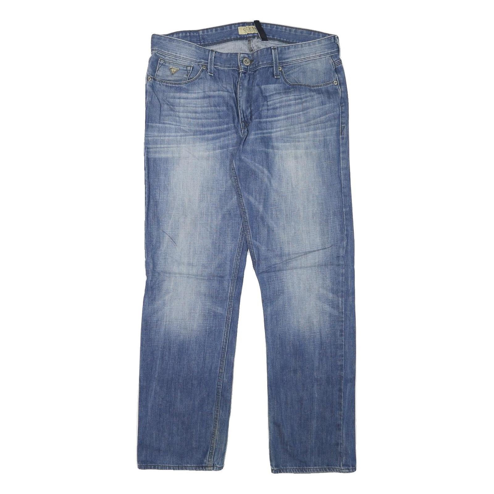 GUESS Mens Jeans Blue Regular Straight Denim Medium W34 L30 Casual Zip