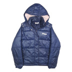 FILA Womens Navy Blue Puffer Jacket XXS Polyester Blend Zip Hooded Casual