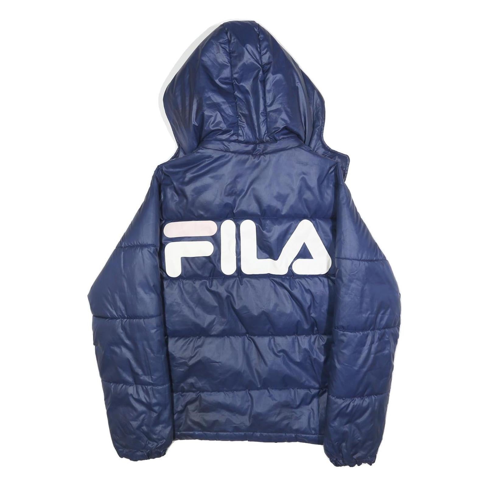 FILA Womens Navy Blue Puffer Jacket XXS Polyester Blend Zip Hooded Casual
