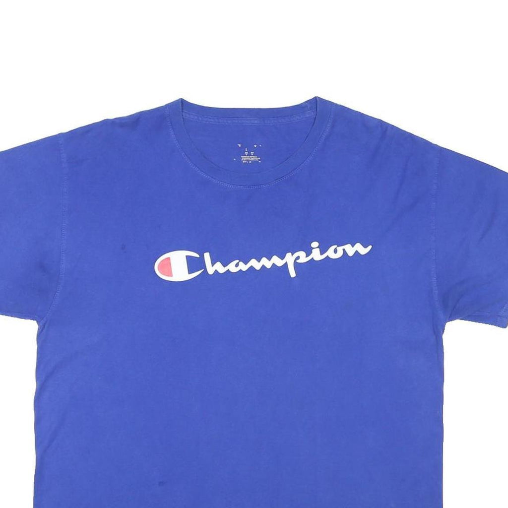 CHAMPION Mens Blue Graphic T-Shirt L Short Sleeve Crew Neck Logo Print Cotton