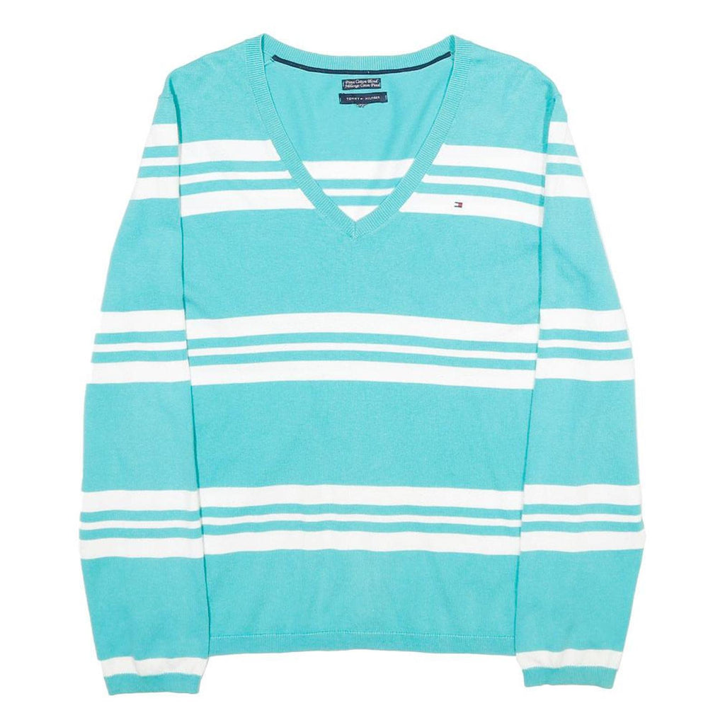 TOMMY HILFIGER Womens Blue & White Patterned V-Neck Basic Knit Jumper L Cotton