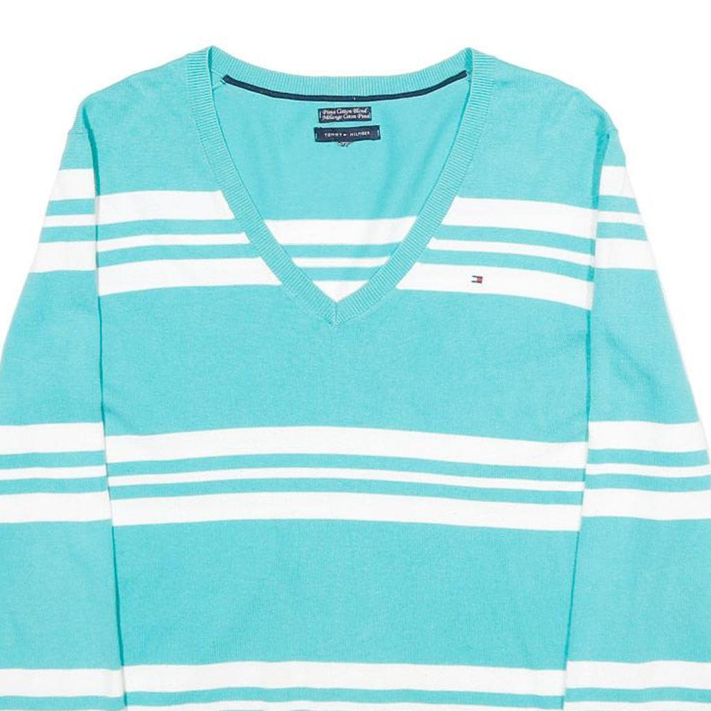 TOMMY HILFIGER Womens Blue & White Patterned V-Neck Basic Knit Jumper L Cotton
