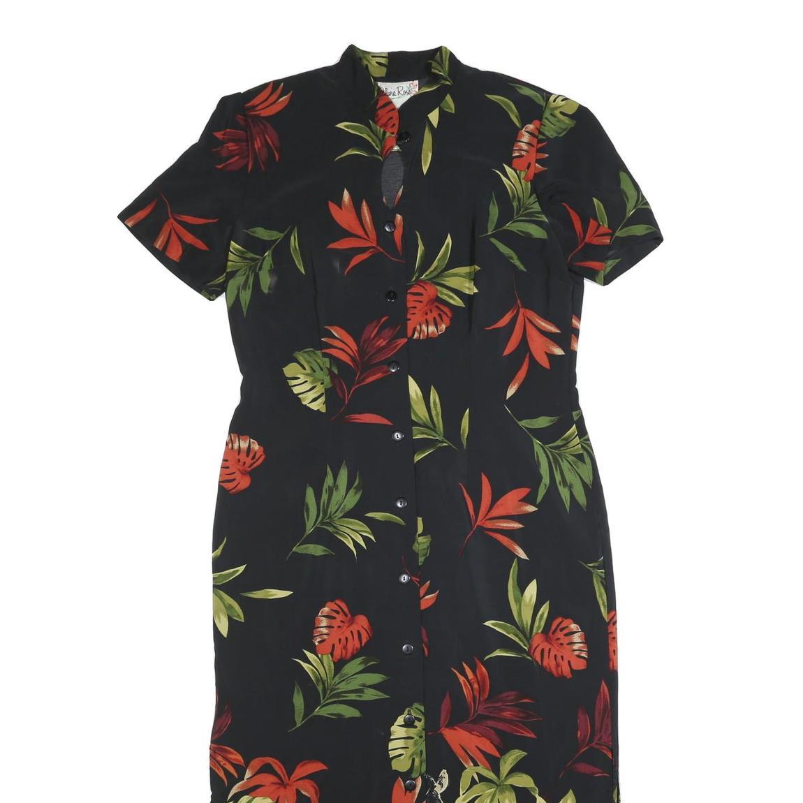 OLIVIA ROSE Womens Black Floral & Green Cotton Blend Day Dress Short Sleeve Midi