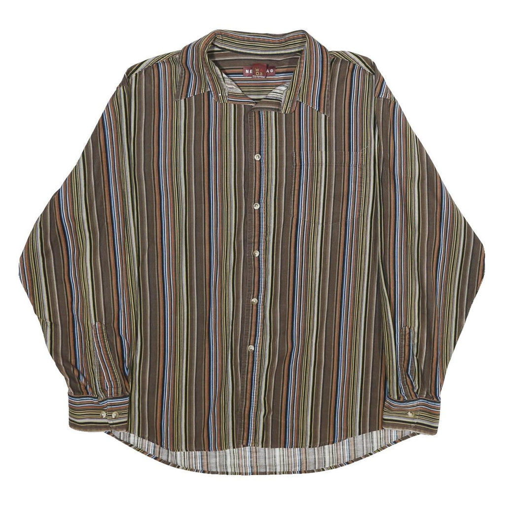 NEVADA Mens Brown & Blue Striped Shirt XL Cotton Long Sleeve Button Casual