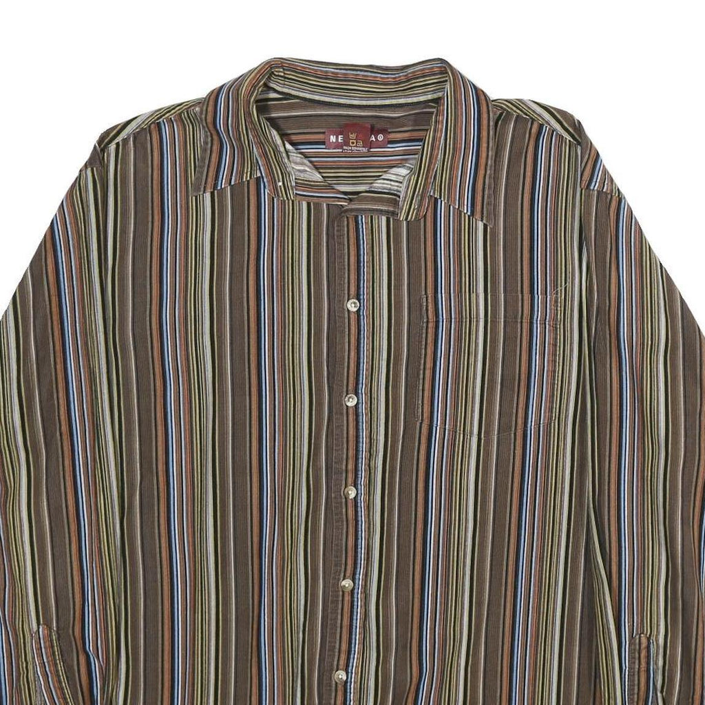 NEVADA Mens Brown & Blue Striped Shirt XL Cotton Long Sleeve Button Casual