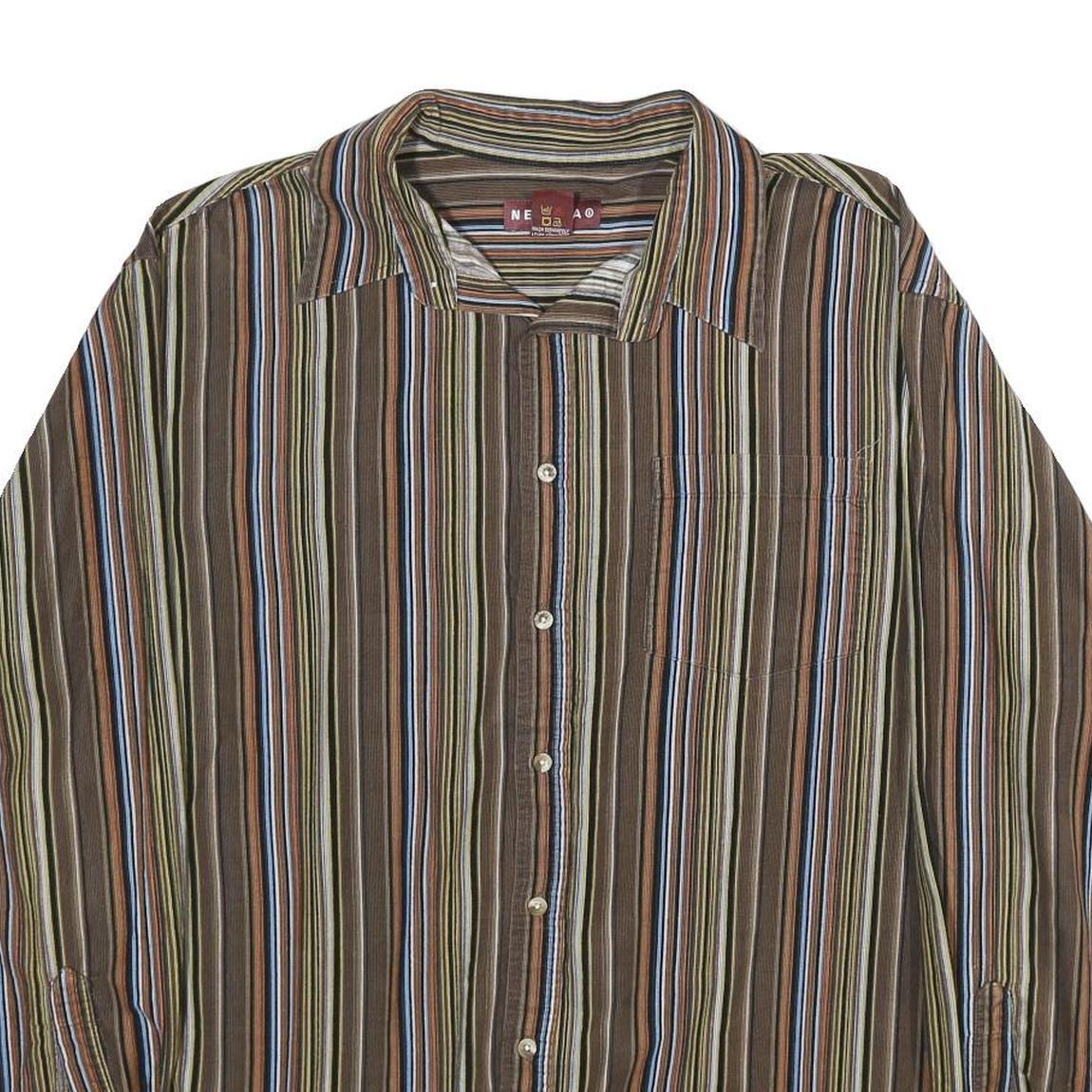 NEVADA Mens Brown & Blue Striped Shirt XL Cotton Long Sleeve Button Casual