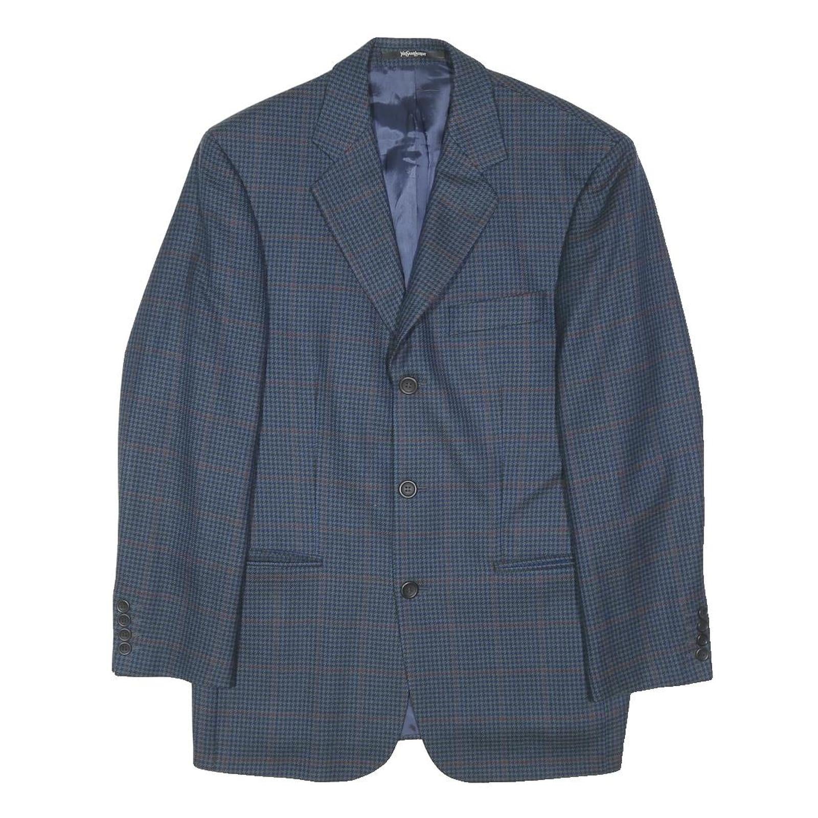 YVES SAINT LAURENT Mens Blue & Brown Wool Checked Blazer Jacket M Woven Button