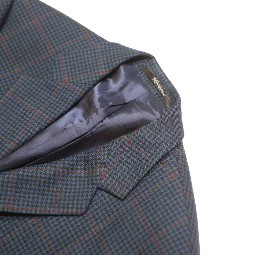 YVES SAINT LAURENT Mens Blue & Brown Wool Checked Blazer Jacket M Woven Button