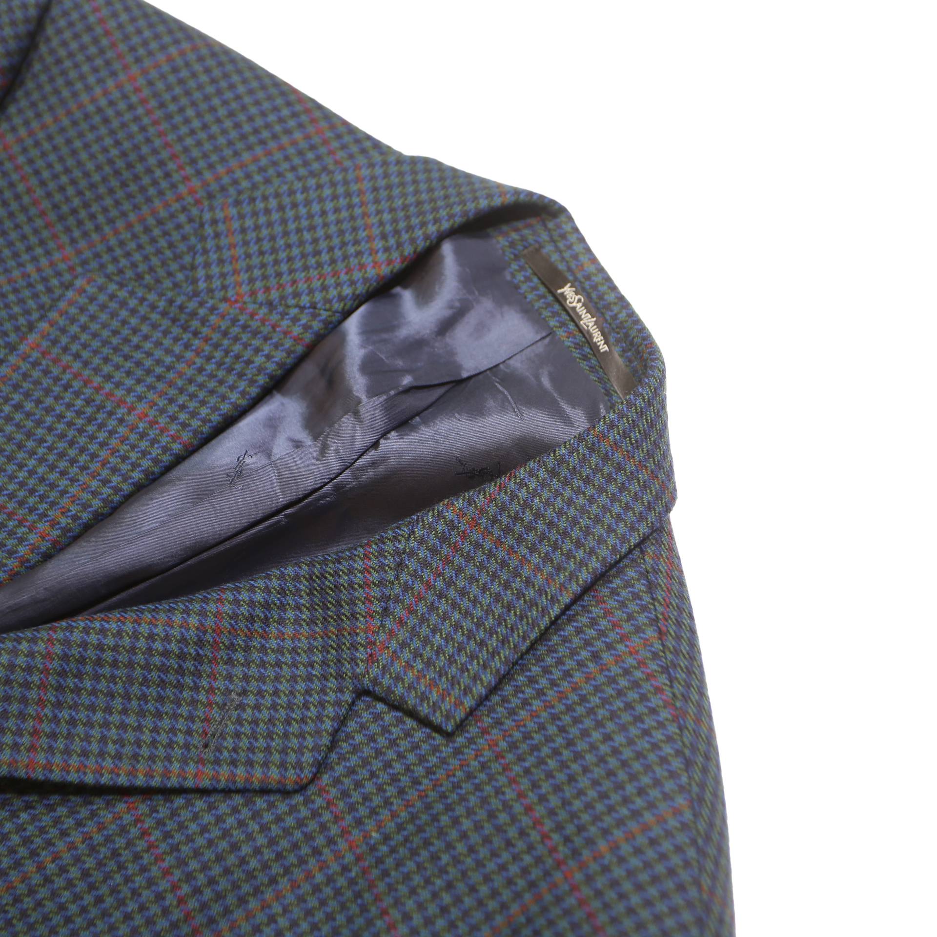 YVES SAINT LAURENT Mens Blue & Brown Wool Checked Blazer Jacket M Woven Button