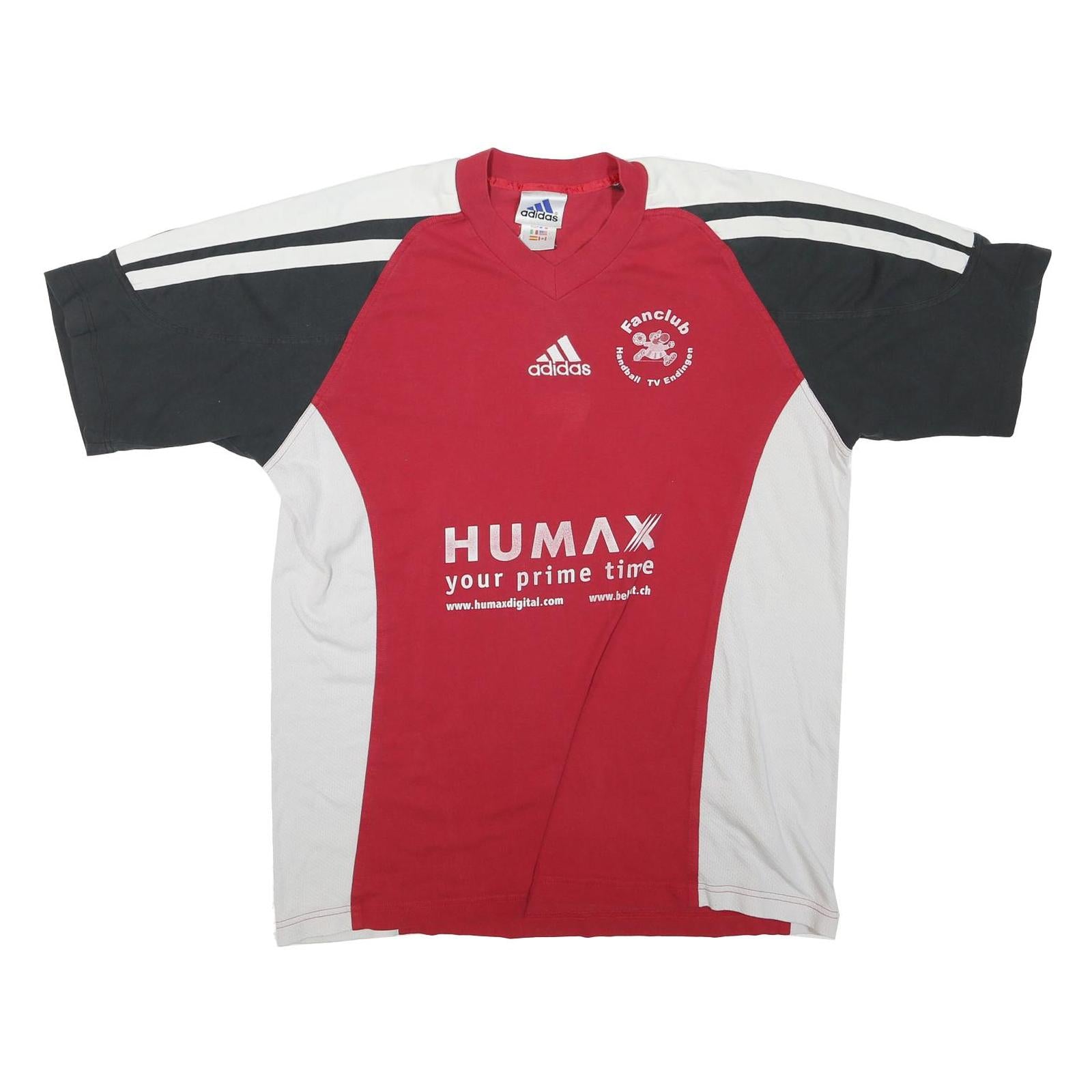 ADIDAS Mens Red Black White Fanclub Graphic T-Shirt L V-Neck Short Sleeve Sport