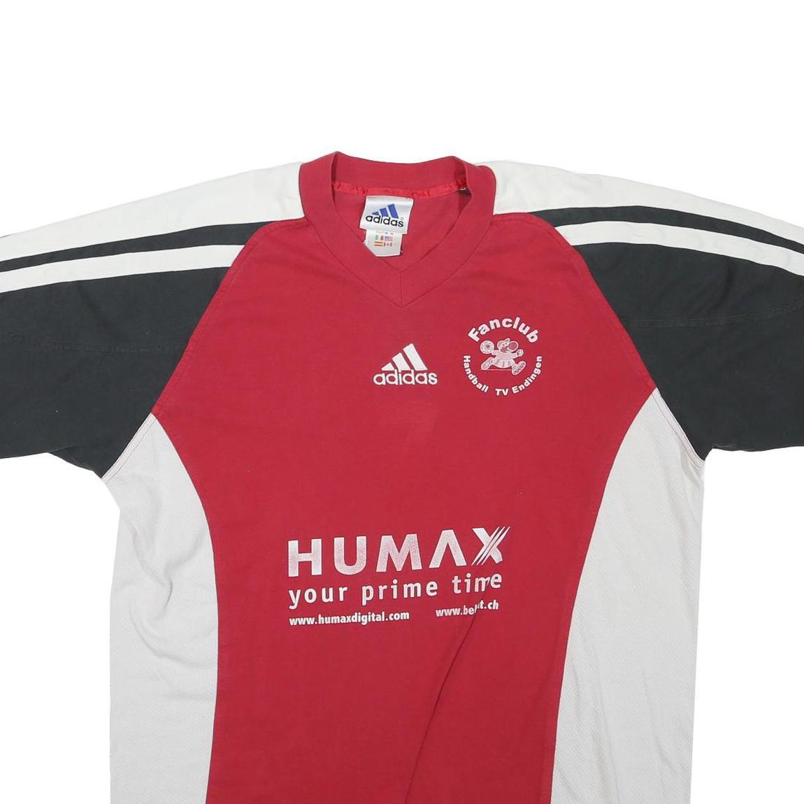 ADIDAS Mens Red Black White Fanclub Graphic T-Shirt L V-Neck Short Sleeve Sport