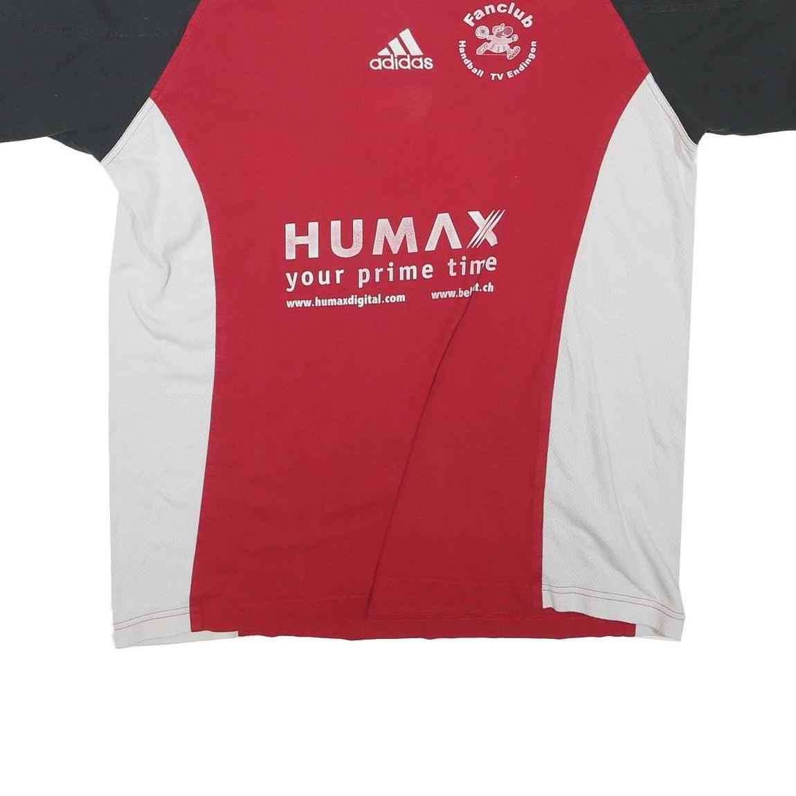 ADIDAS Mens Red Black White Fanclub Graphic T-Shirt L V-Neck Short Sleeve Sport