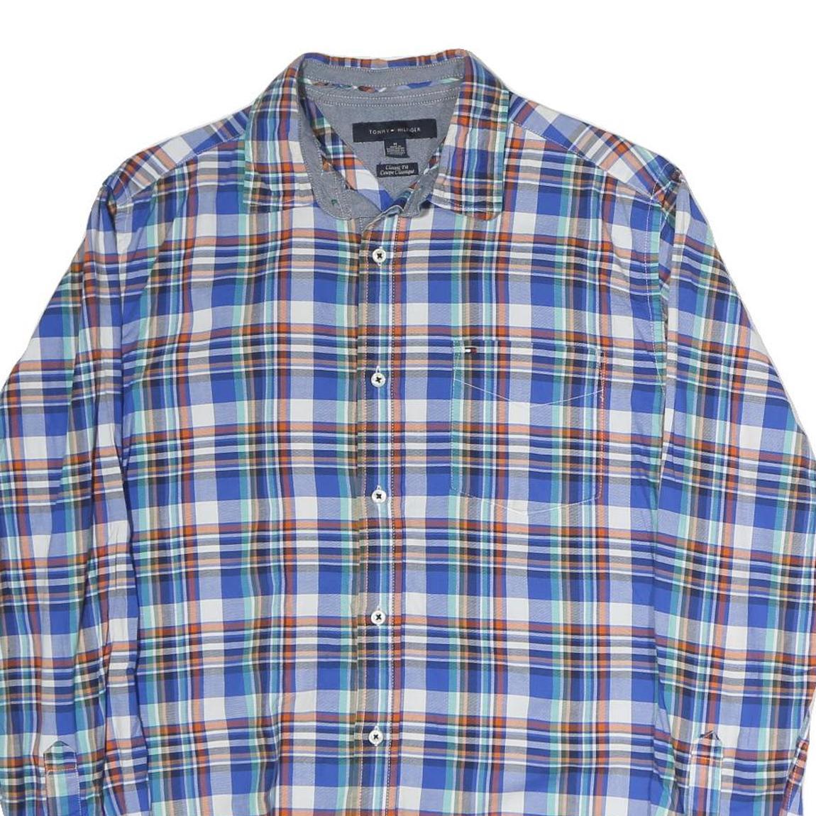 TOMMY HILFIGER Mens Blue Check Shirt M Classic Fit Cotton Button Collar