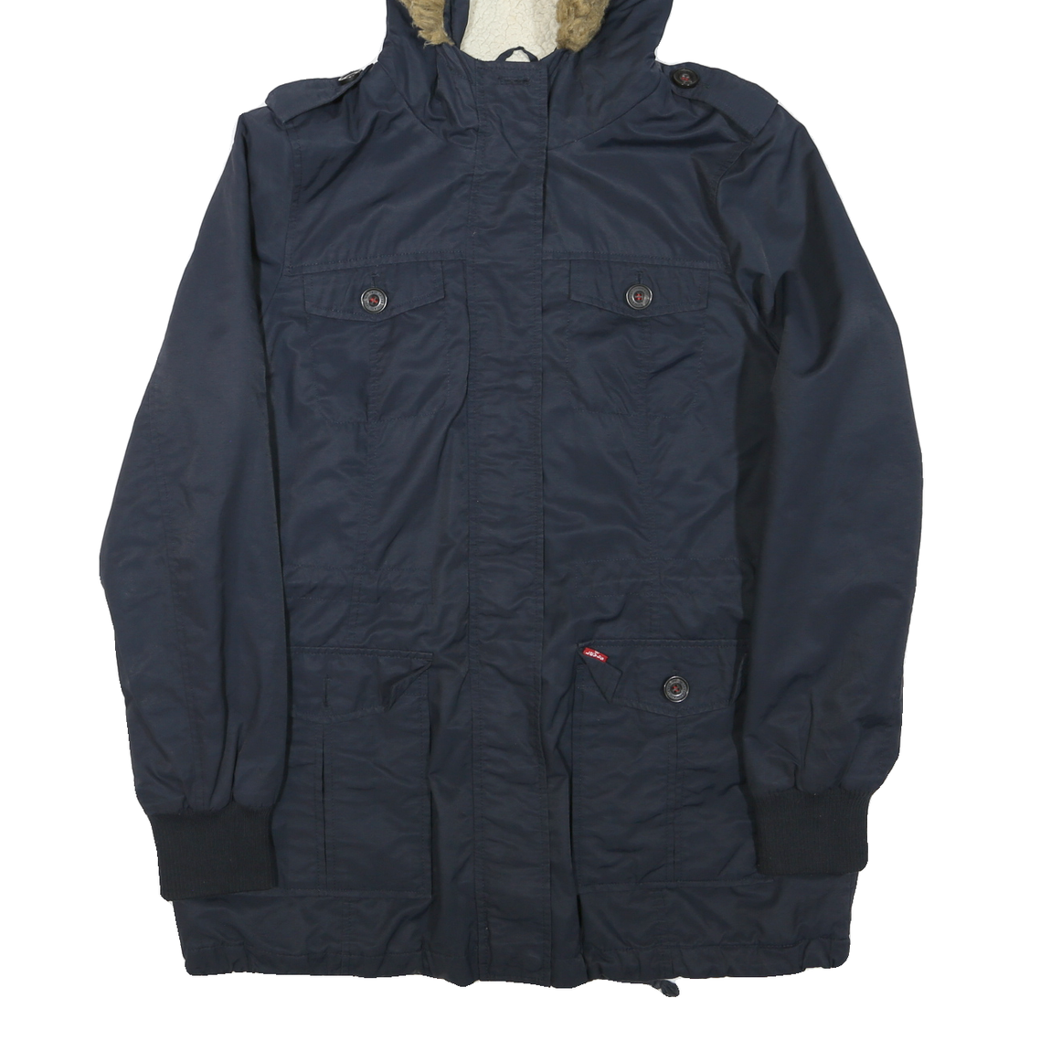 LEVI'S Womens Navy Blue Sherpa Lined Zip Jacket M Polyester Blend Hooded Casual