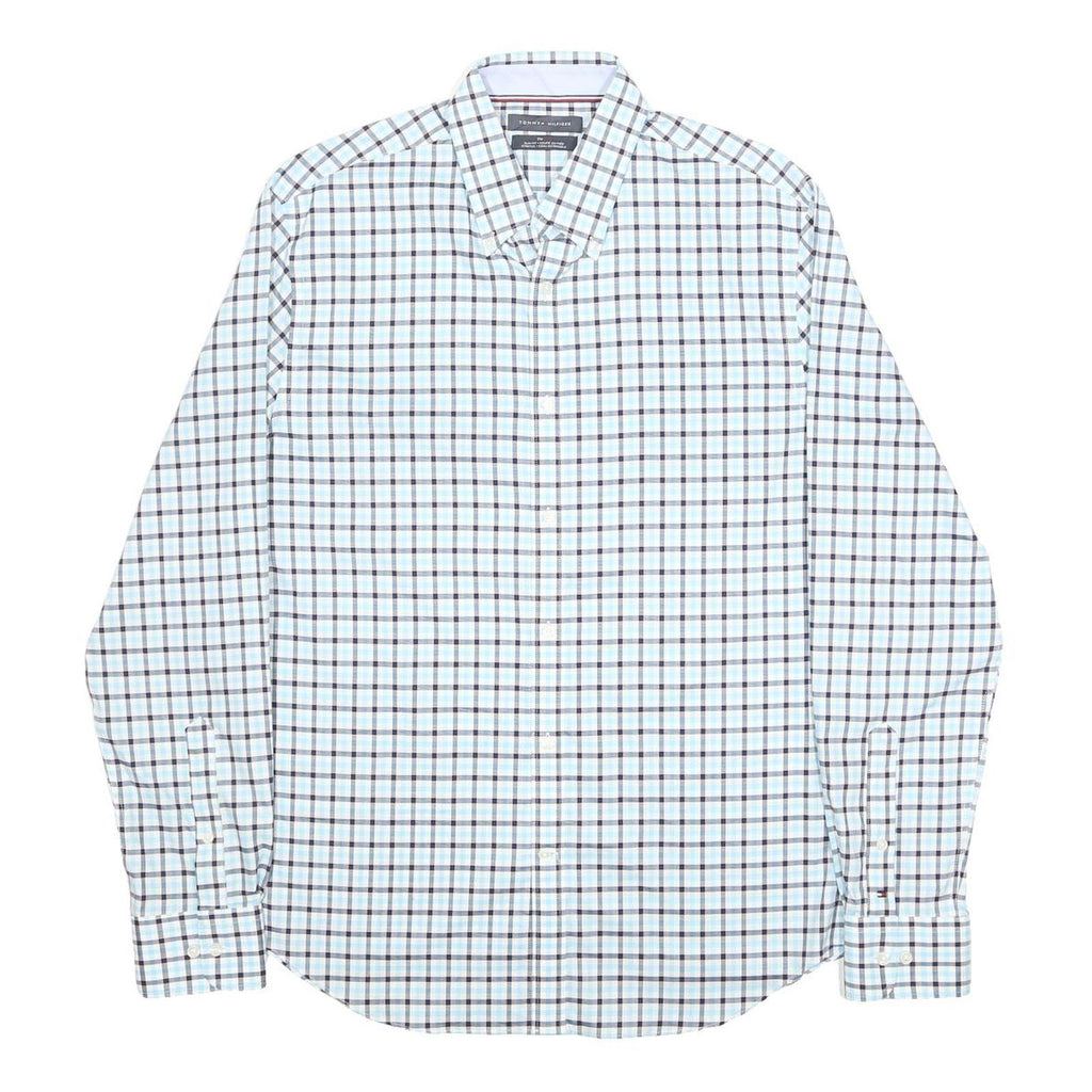 TOMMY HILFIGER Mens Blue Black Check Shirt L Classic Cotton Blend Long Sleeve