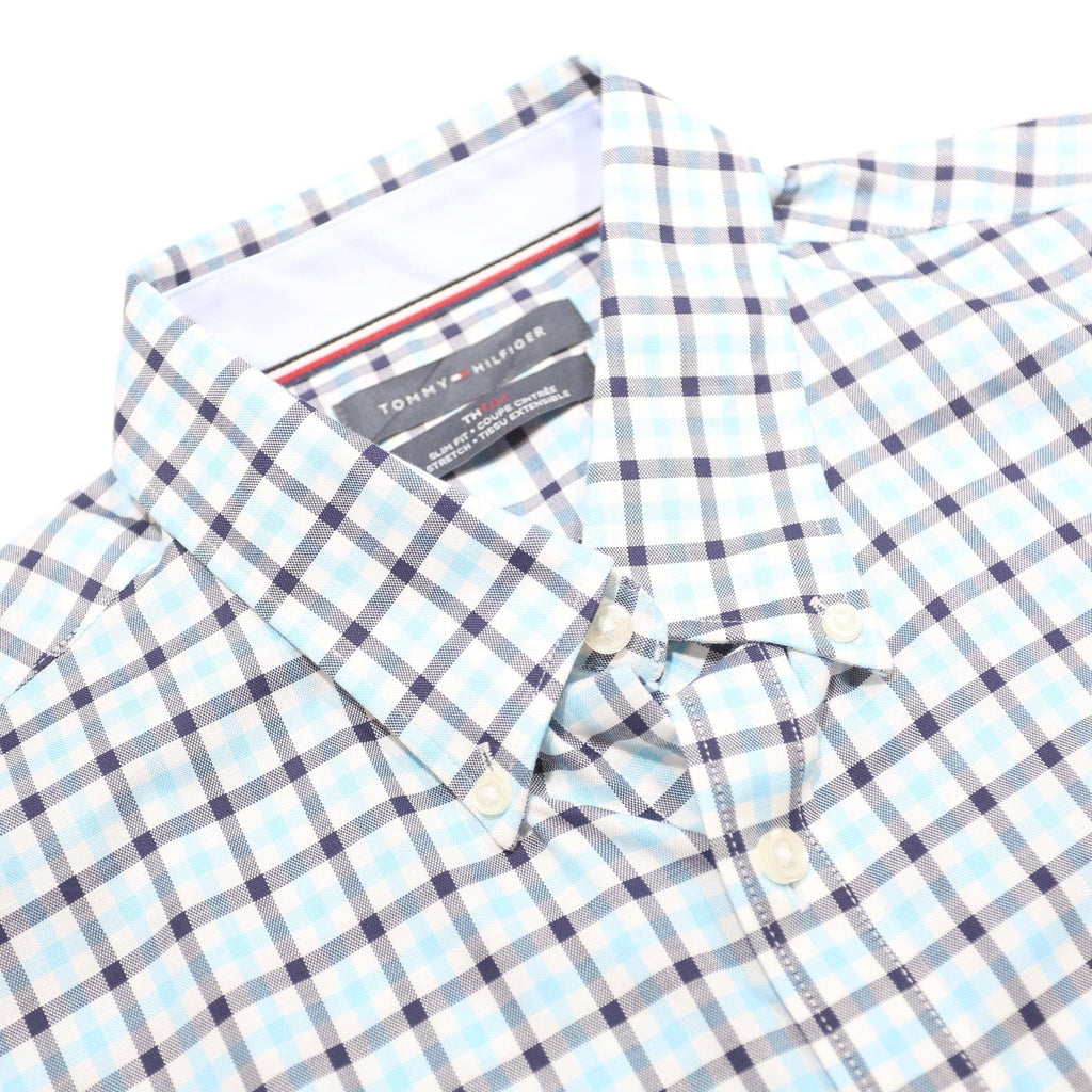 TOMMY HILFIGER Mens Blue Black Check Shirt L Classic Cotton Blend Long Sleeve