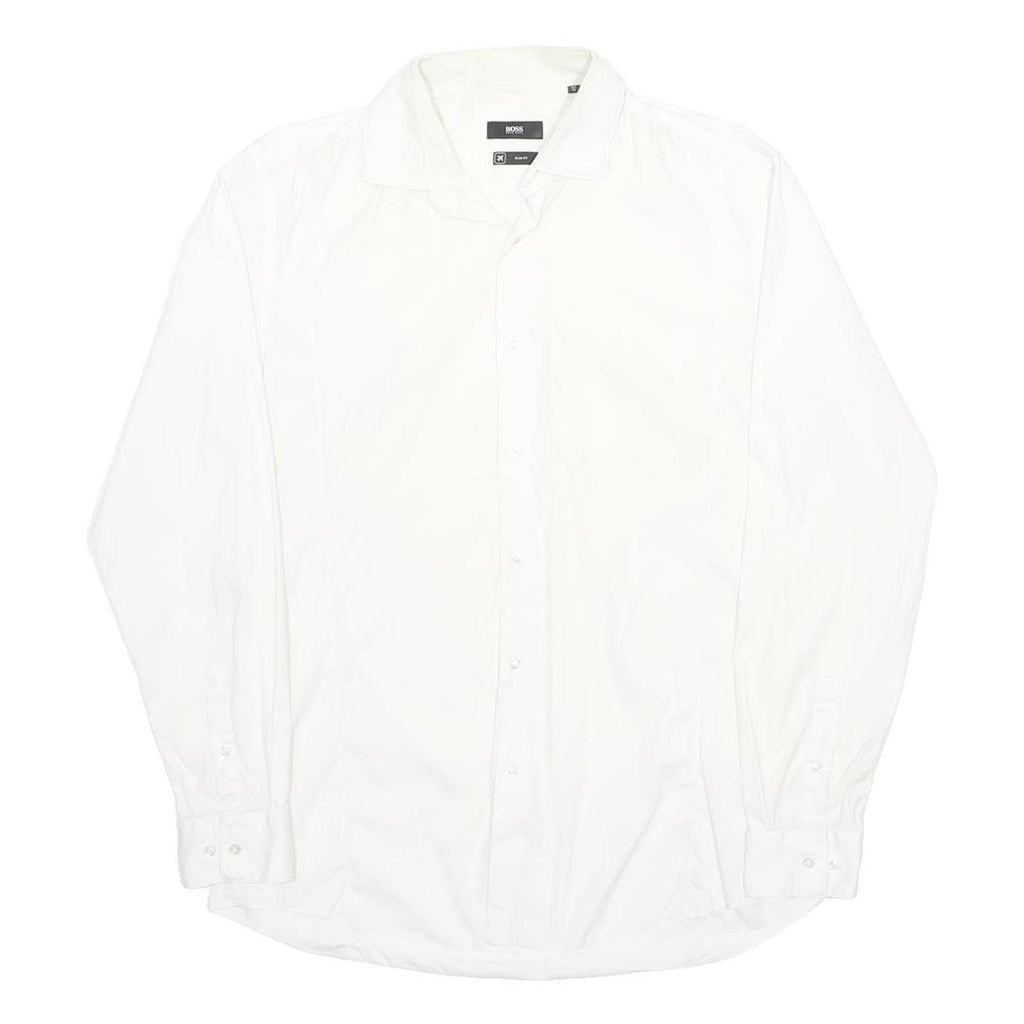 HUGO BOSS Mens White Plain Shirt L Formal Cotton Blend Classic Fit