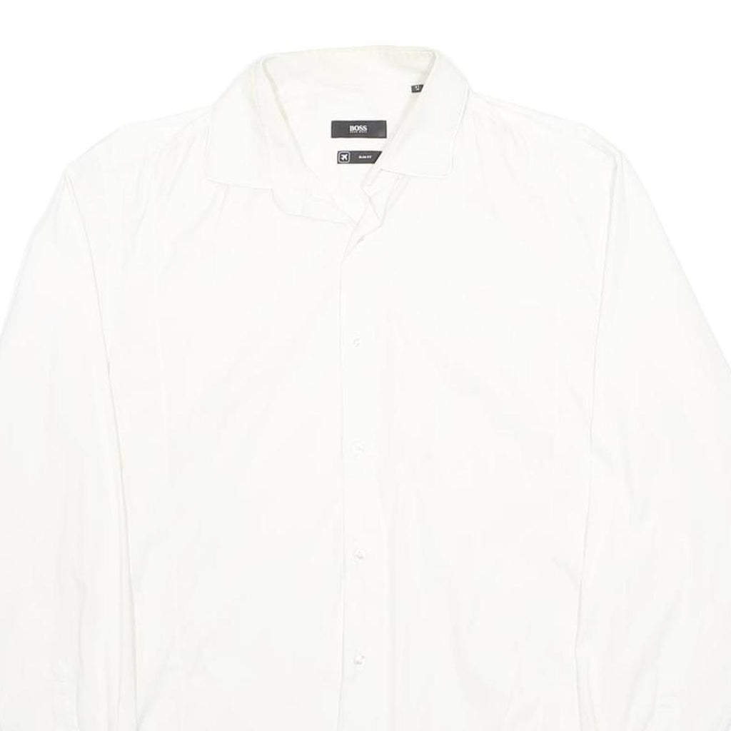 HUGO BOSS Mens White Plain Shirt L Formal Cotton Blend Classic Fit