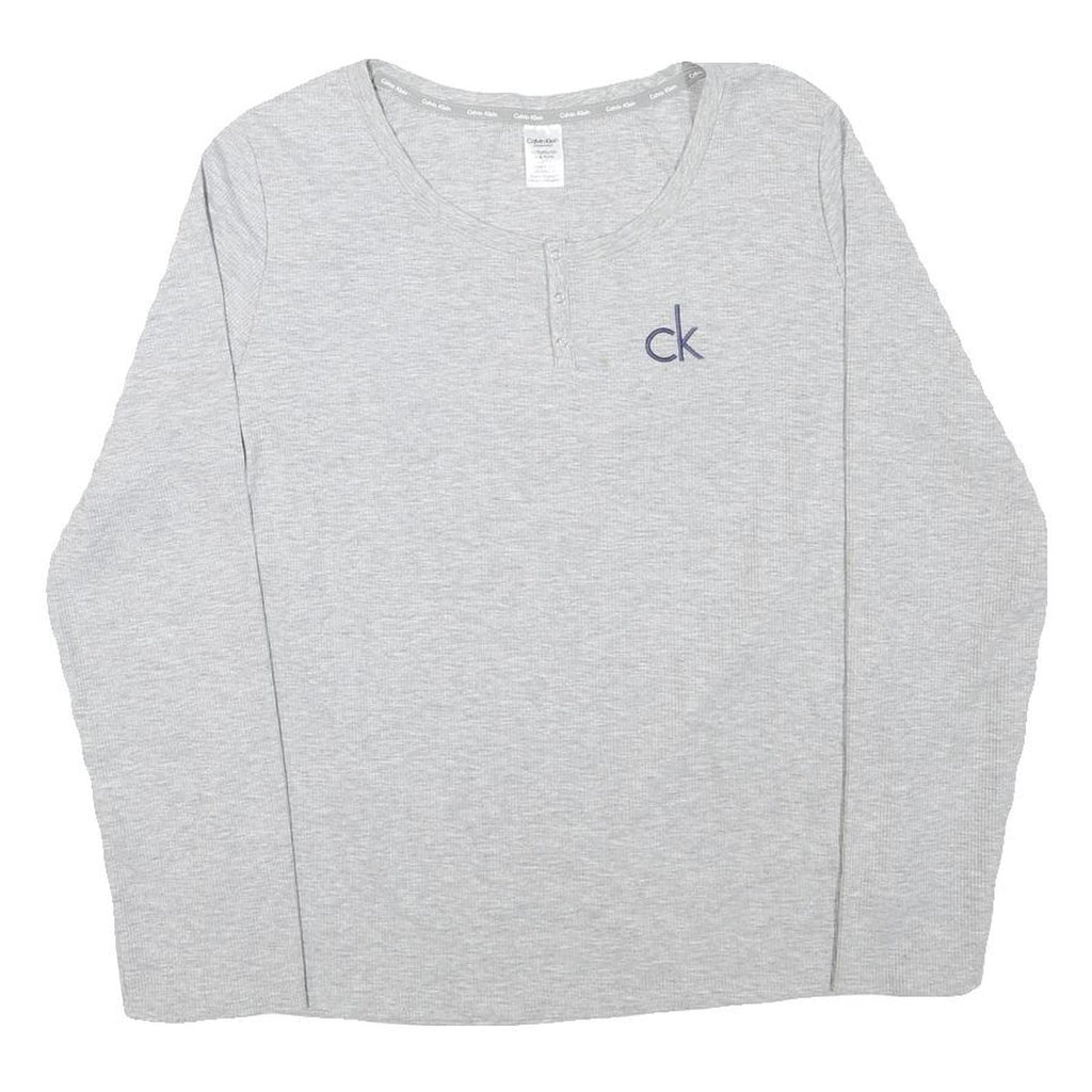 CALVIN KLEIN Womens Grey Henley T-Shirt XL Long Sleeve Round Neck Cotton Blend