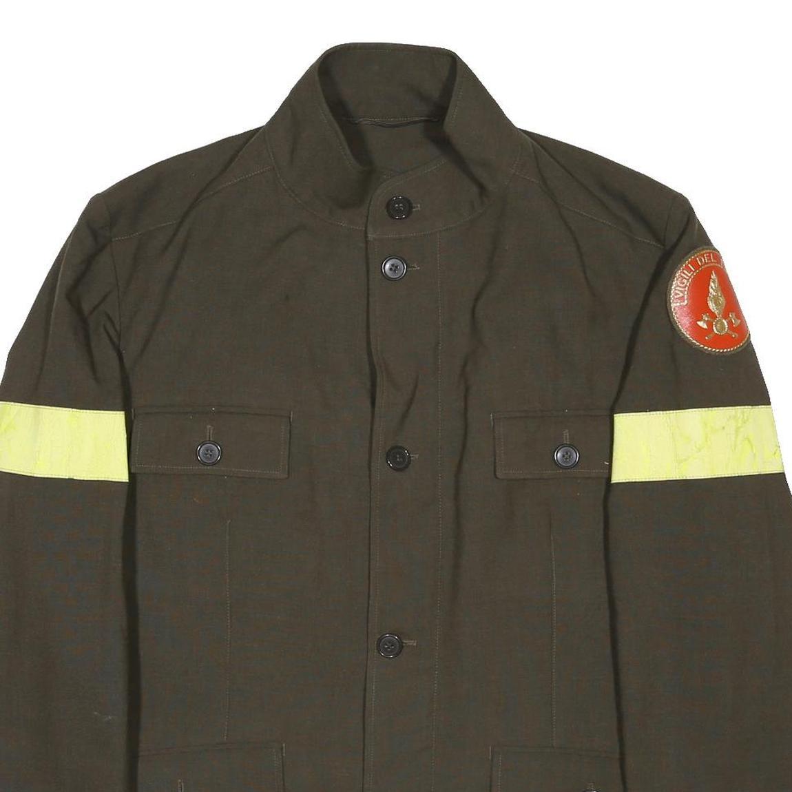 Mens Green Utility 1980s Italian Firefighters Jacket L Button Closure Reflective