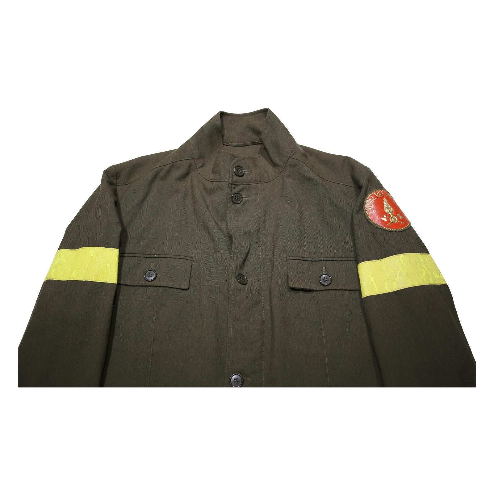 Mens Green Utility 1980s Italian Firefighters Jacket L Button Closure Reflective