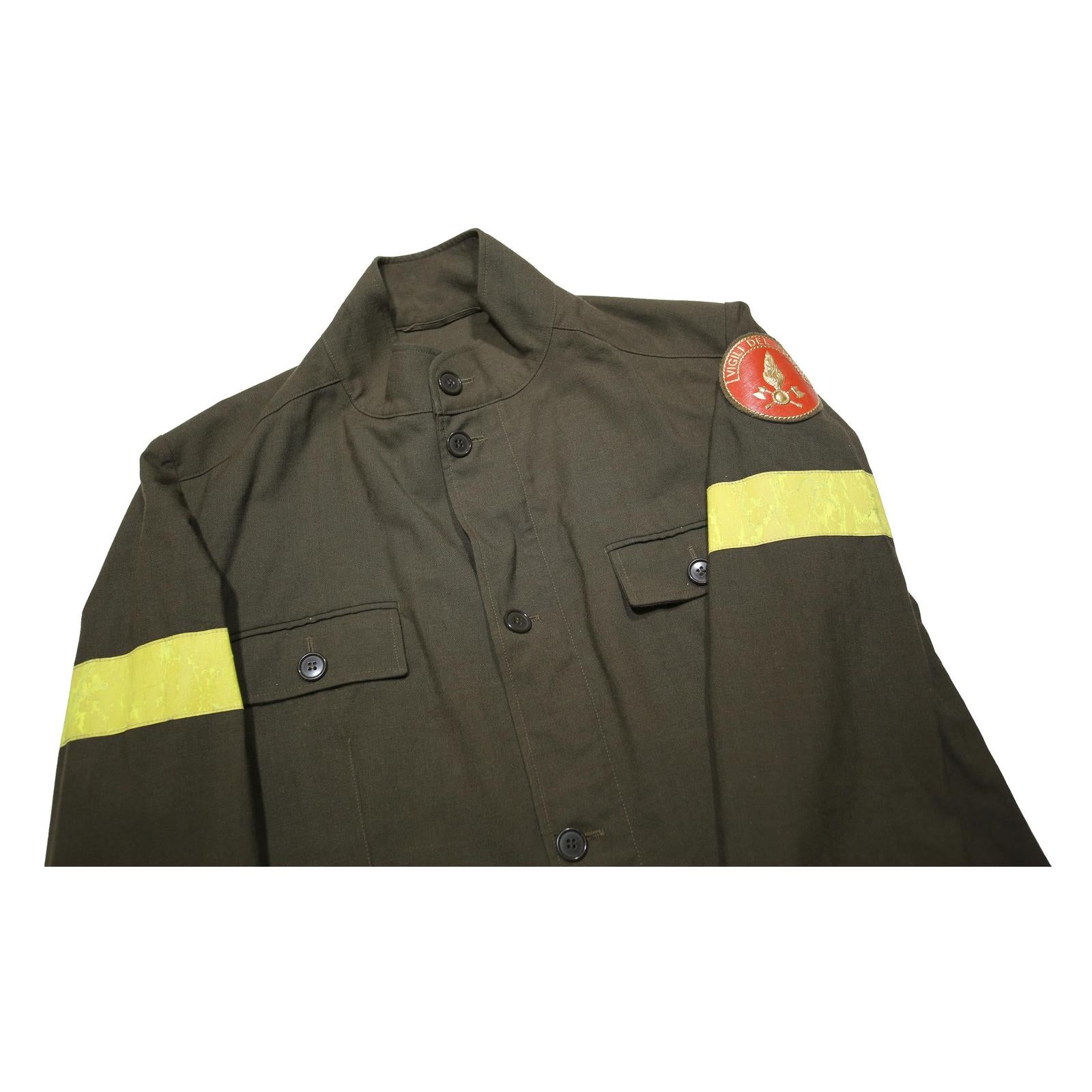 Mens Green Utility 1980s Italian Firefighters Jacket L Button Closure Reflective