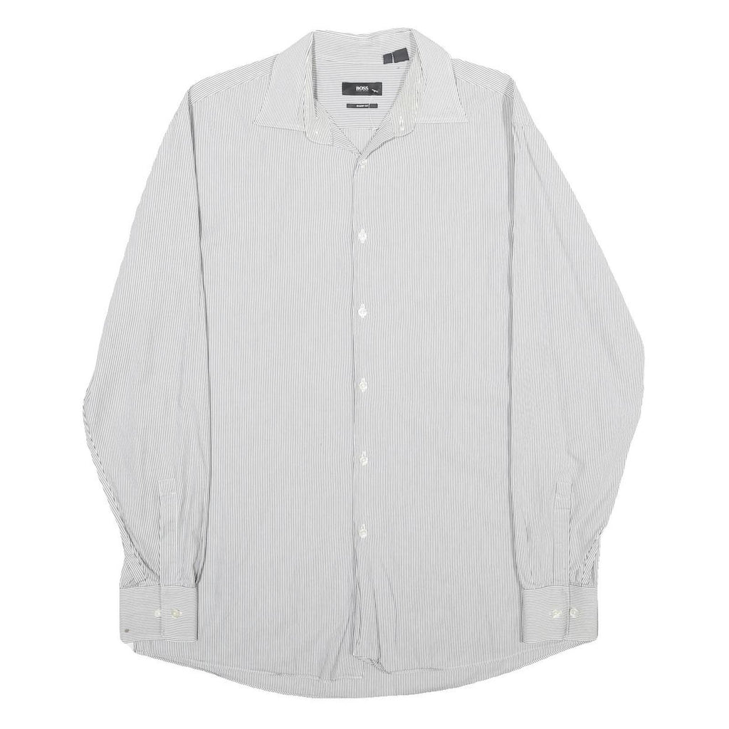 HUGO BOSS Mens White & Grey Striped Shirt L Classic Fit Cotton Formal