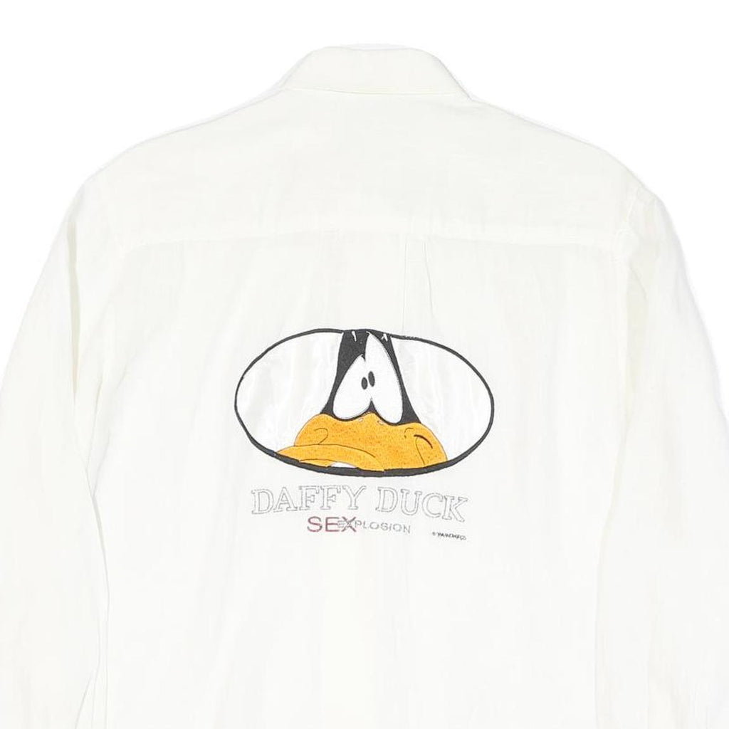 EMANUEL SCHIVLI Mens White Linen Shirt M Daffy Duck Embroidered Graphic