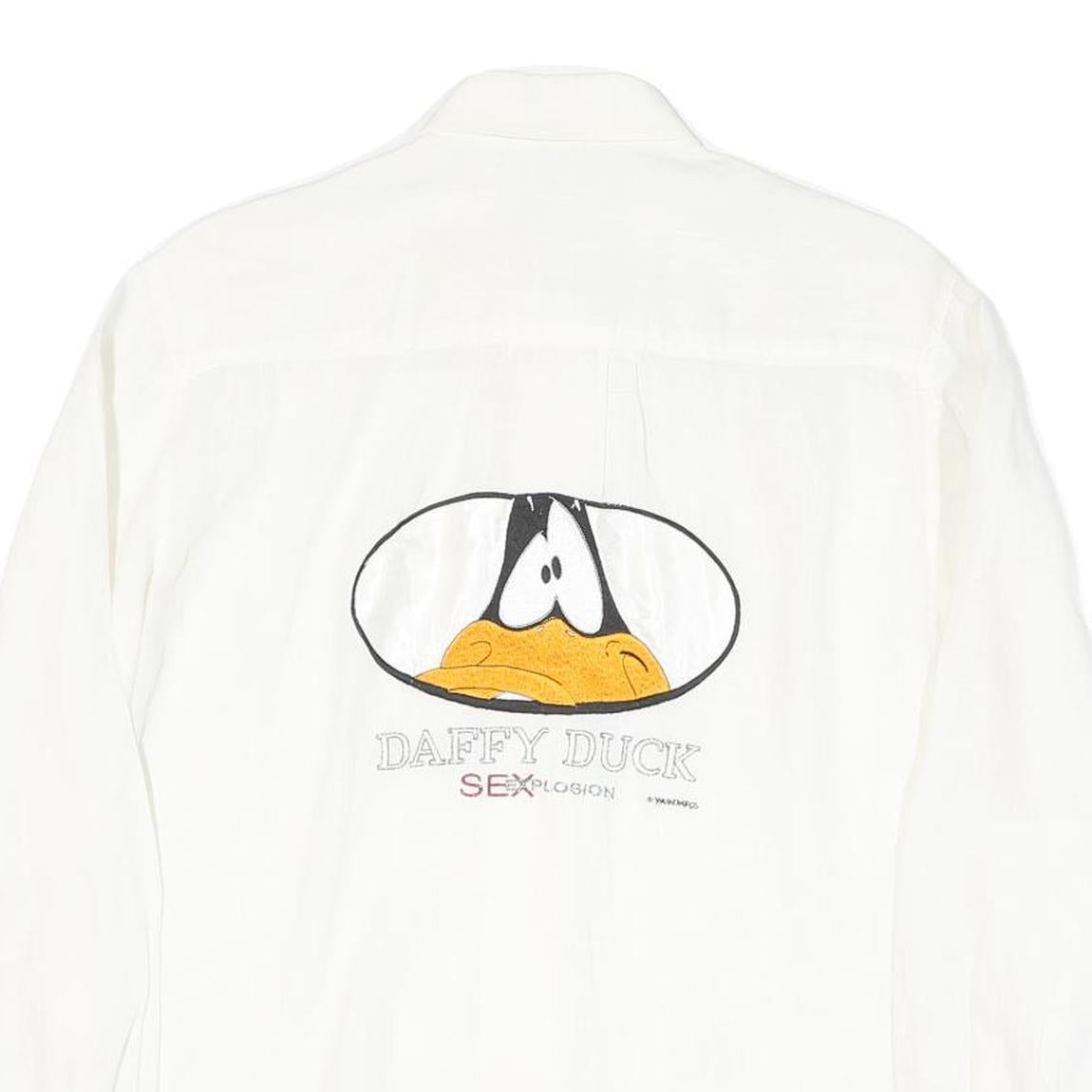 EMANUEL SCHIVLI Mens White Linen Shirt M Daffy Duck Embroidered Graphic