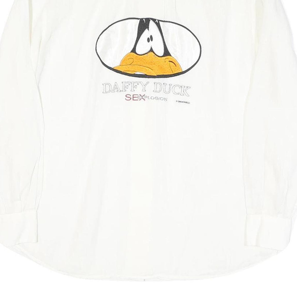 EMANUEL SCHIVLI Mens White Linen Shirt M Daffy Duck Embroidered Graphic