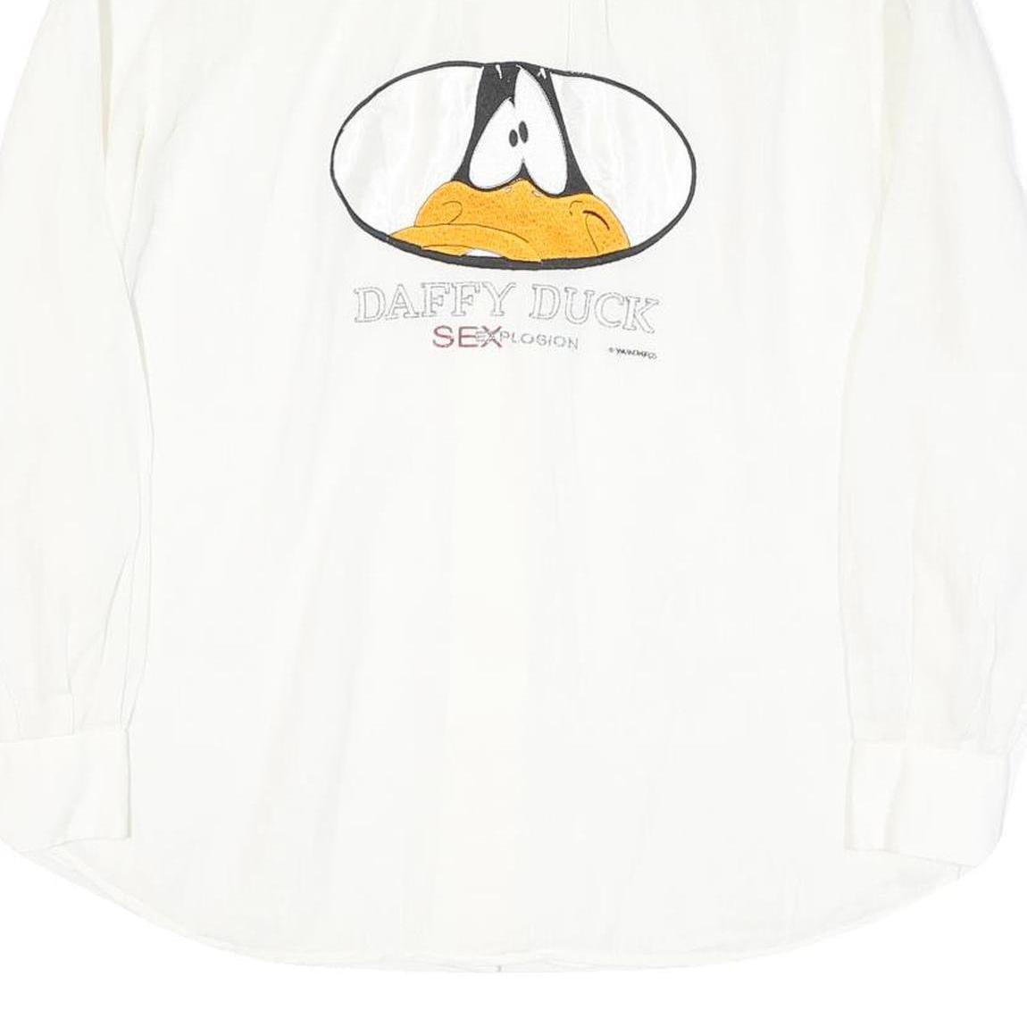 EMANUEL SCHIVLI Mens White Linen Shirt M Daffy Duck Embroidered Graphic
