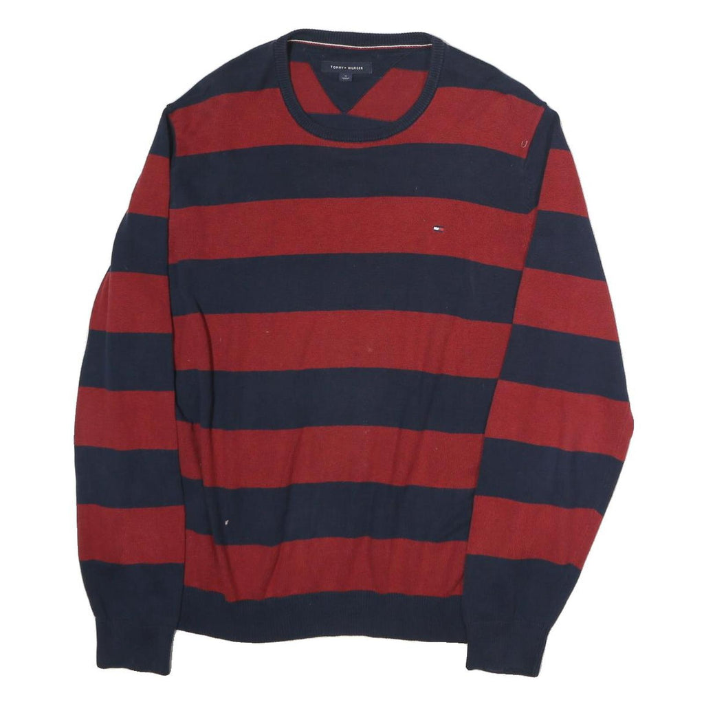TOMMY HILFIGER Mens Red & Navy Patterned Jumper Crew Neck Basic Knit M Cotton
