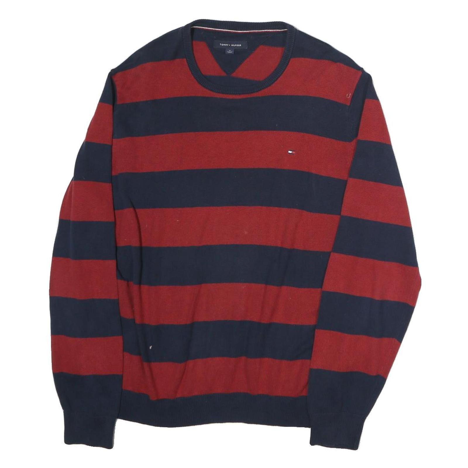 TOMMY HILFIGER Mens Red & Navy Patterned Jumper Crew Neck Basic Knit M Cotton