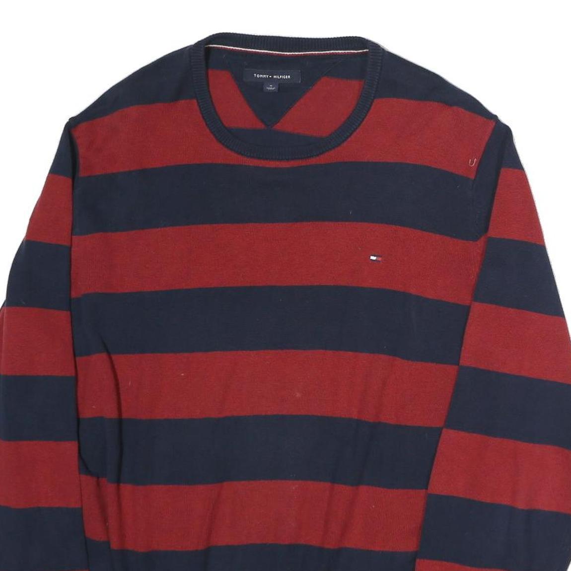 TOMMY HILFIGER Mens Red & Navy Patterned Jumper Crew Neck Basic Knit M Cotton