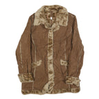 GUES Womens Brown Shearling Jacket L Polyester Button Up Faux Fur Trim
