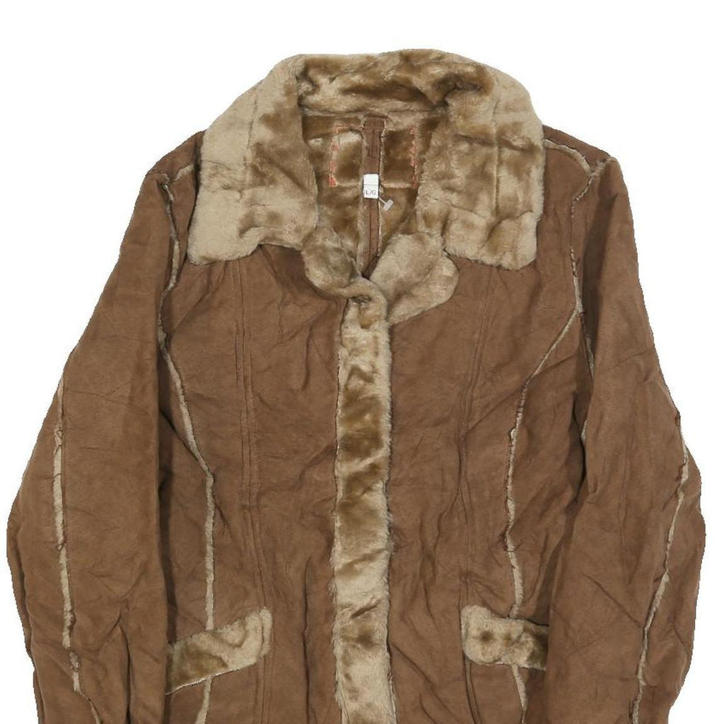 GUES Womens Brown Shearling Jacket L Polyester Button Up Faux Fur Trim