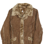 GUES Womens Brown Shearling Jacket L Polyester Button Up Faux Fur Trim