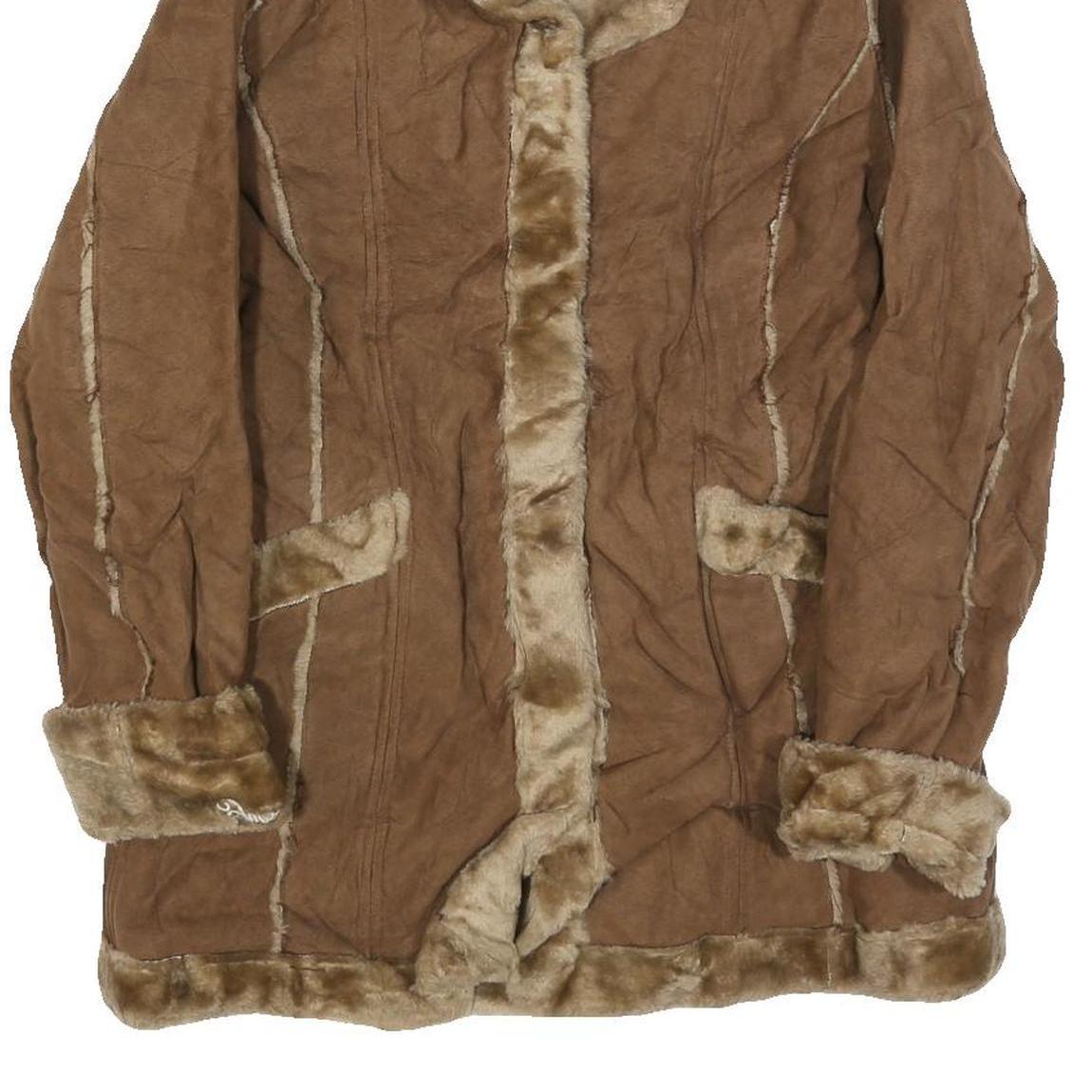 GUES Womens Brown Shearling Jacket L Polyester Button Up Faux Fur Trim