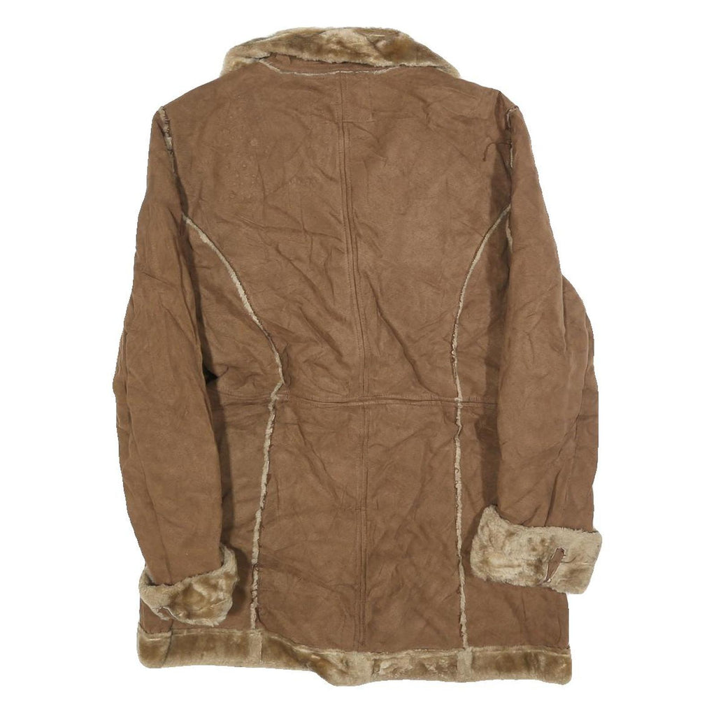 GUES Womens Brown Shearling Jacket L Polyester Button Up Faux Fur Trim