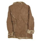 GUES Womens Brown Shearling Jacket L Polyester Button Up Faux Fur Trim