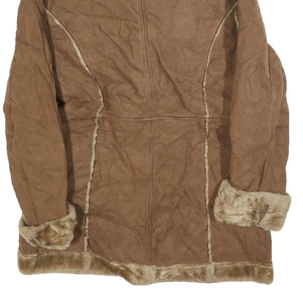 GUES Womens Brown Shearling Jacket L Polyester Button Up Faux Fur Trim