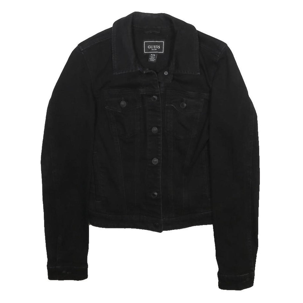 GUESS Womens Black Cotton Blend Denim Jacket M Button Closure Classic Fit Plain