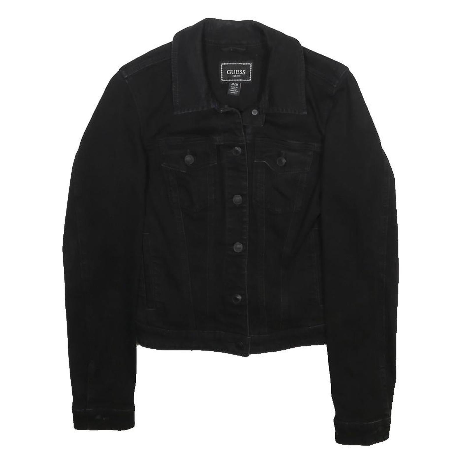 GUESS Womens Black Cotton Blend Denim Jacket M Button Closure Classic Fit Plain