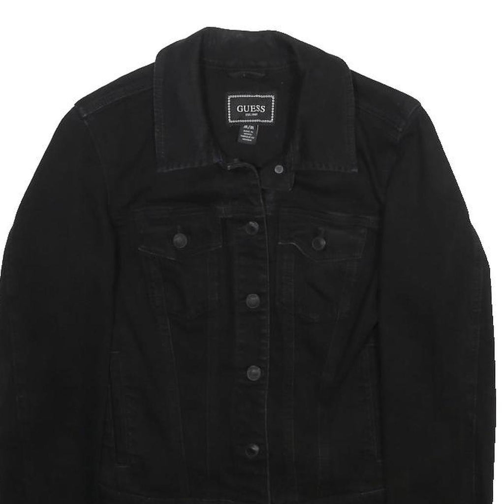 GUESS Womens Black Cotton Blend Denim Jacket M Button Closure Classic Fit Plain