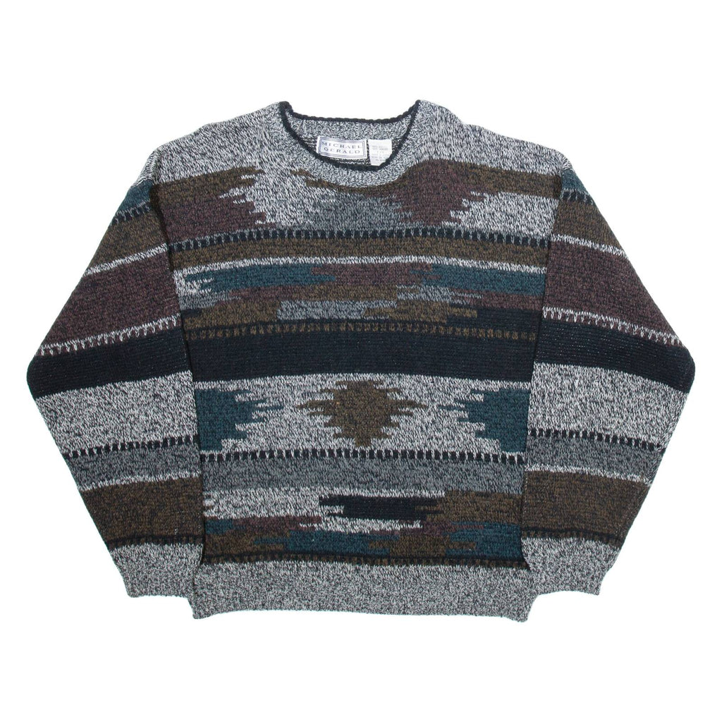 MICHAEL GERALD Mens Patterned Jumper Grey Colourblock Tight Knit L