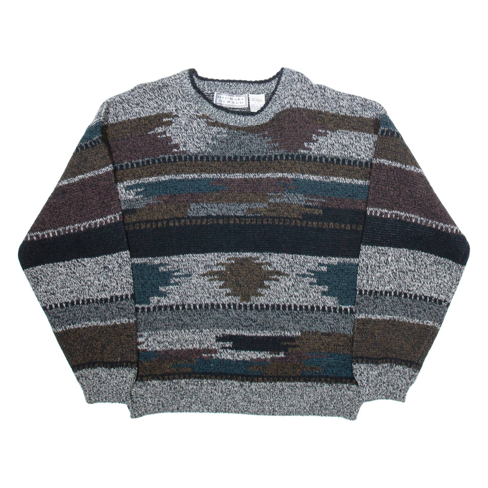 MICHAEL GERALD Mens Patterned Jumper Grey Colourblock Tight Knit L