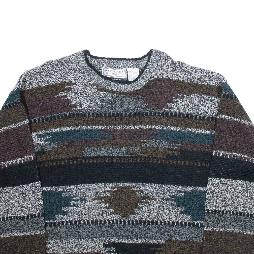 MICHAEL GERALD Mens Patterned Jumper Grey Colourblock Tight Knit L