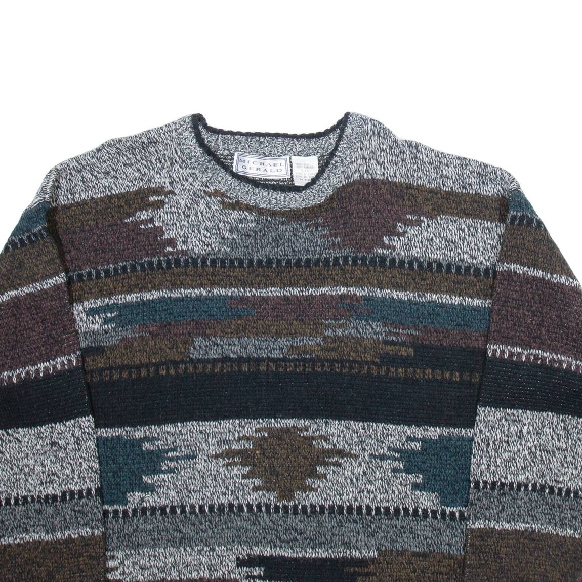MICHAEL GERALD Mens Patterned Jumper Grey Colourblock Tight Knit L