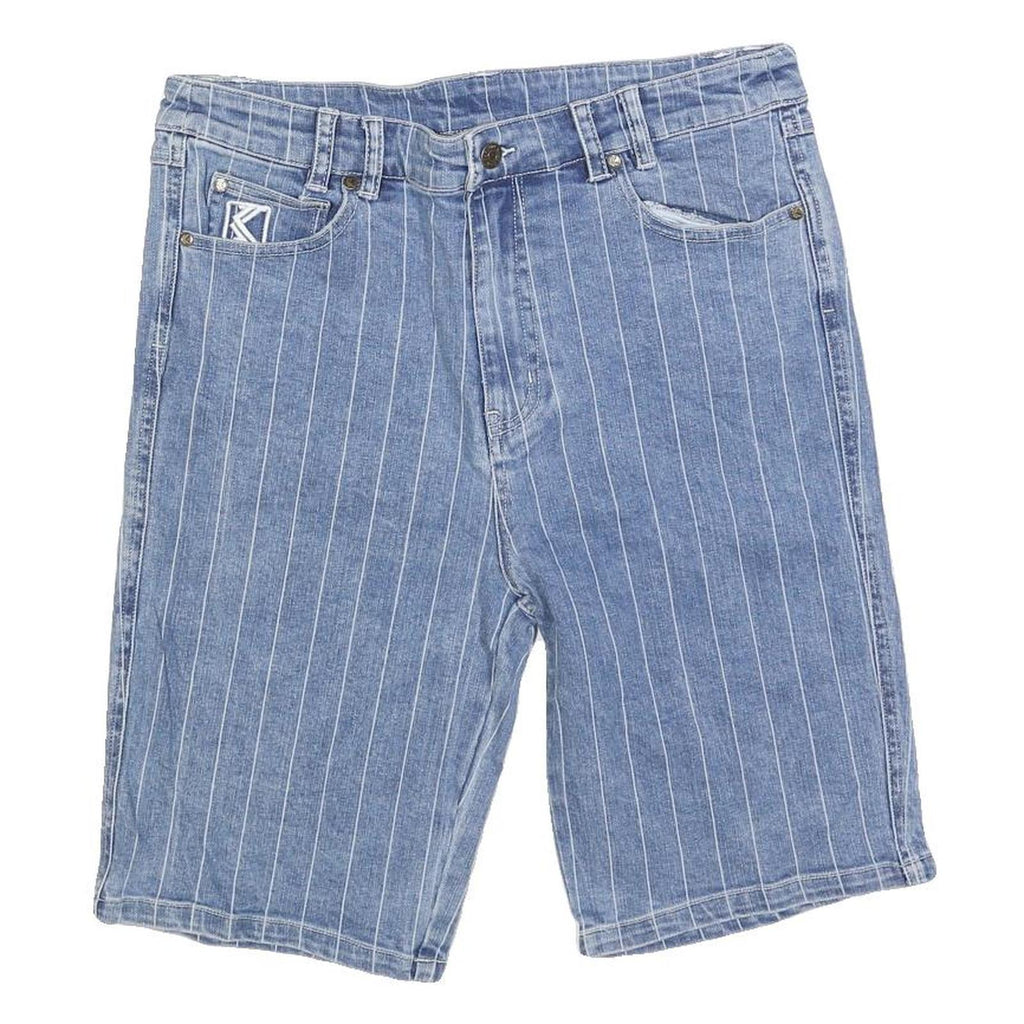 KARL KANI Mens Shorts Blue Pinstripe Casual L W32 Denim Cotton Blend Embroidered
